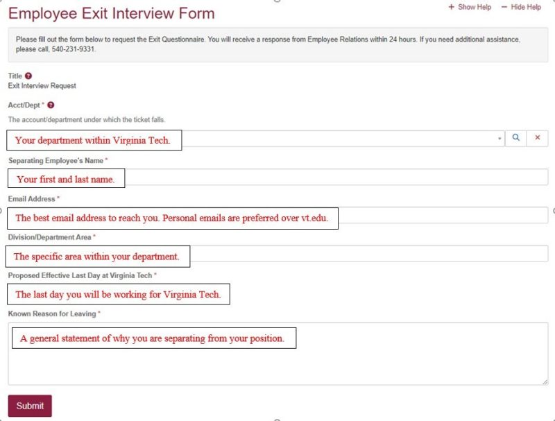 image of exit interview form with field examples.