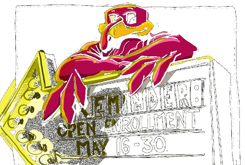 Open Enrollment is May 16-30 Digital animation of the HokieBird on an arrow sign with letters that say Reminder: Open Enrollment May 16-30